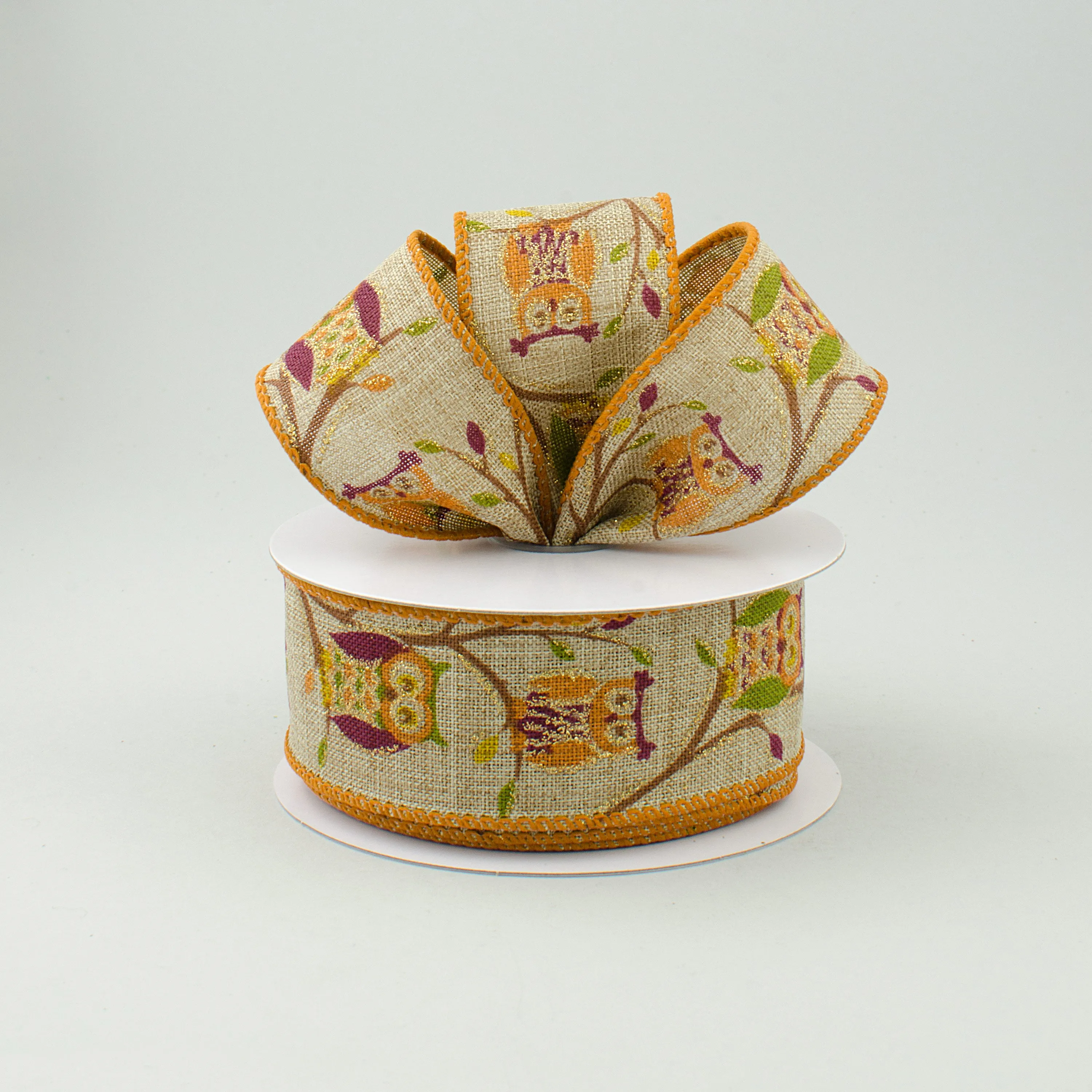 1.5" Natural Linen Fall Owl Ribbon (10 Yards)