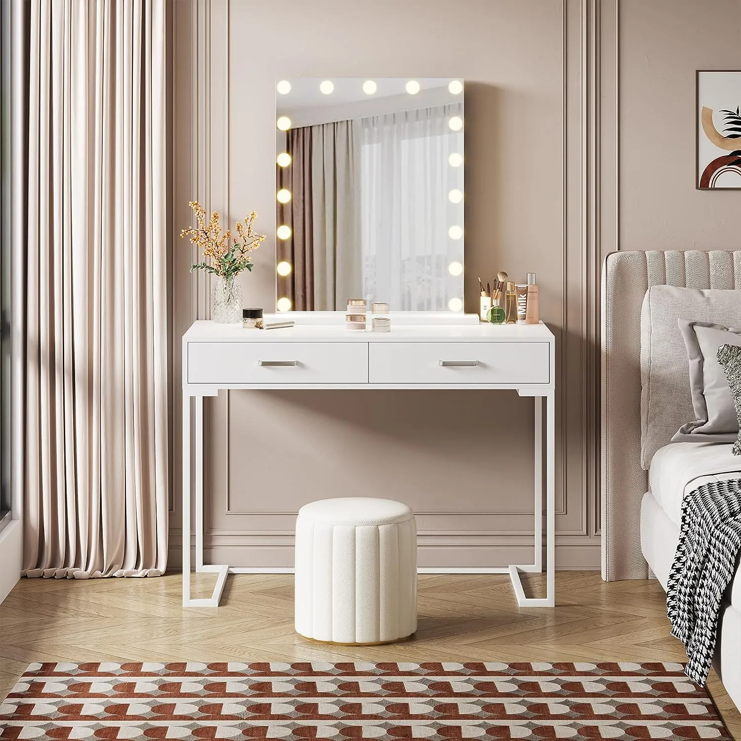 2 Drawers Makeup Vanity, 41.7" Dressing Table with 24" Hollywood Mirror