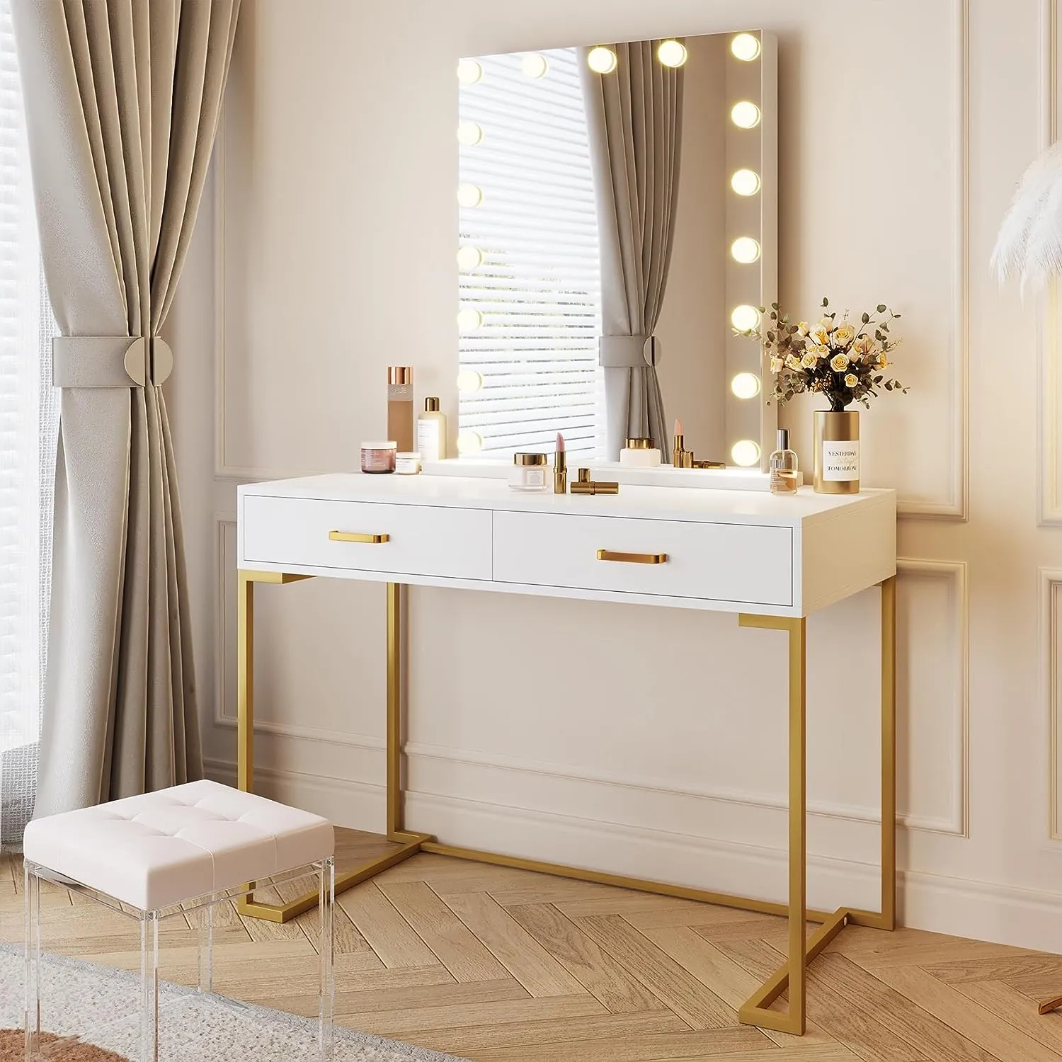 2 Drawers Makeup Vanity, 41.7" Dressing Table with 24" Hollywood Mirror