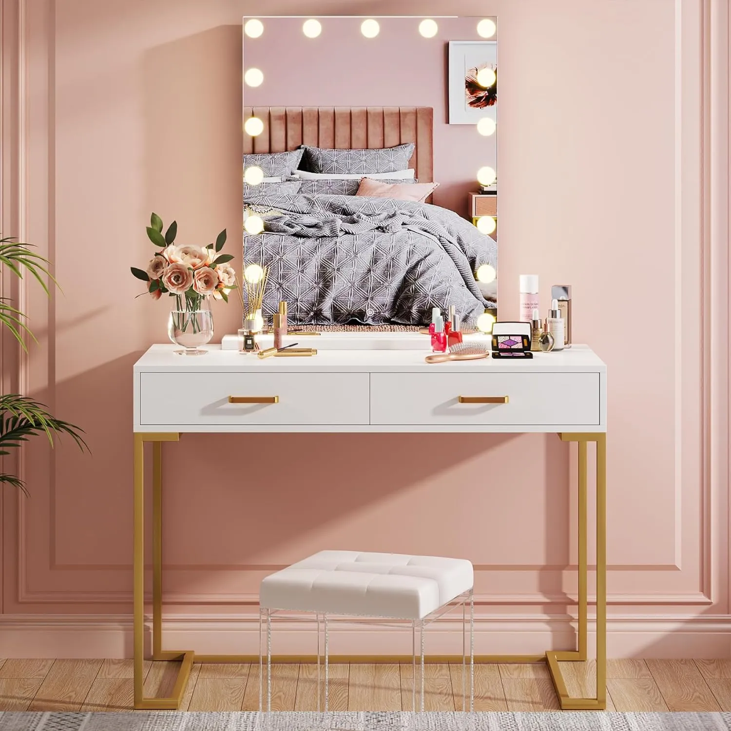 2 Drawers Makeup Vanity, 41.7" Dressing Table with 24" Hollywood Mirror