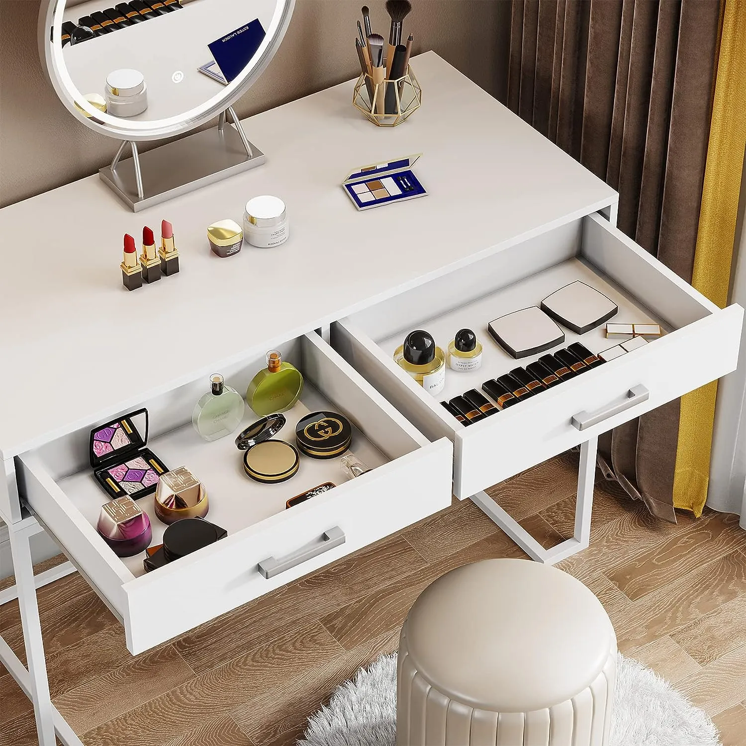 2 Drawers Makeup Vanity, 41.7" Dressing Table with 24" Hollywood Mirror