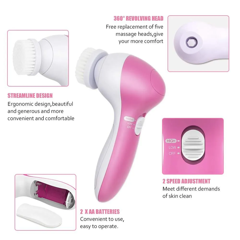 5 in 1 Electric Waterproof Facial Cleansing Spin Brush Set for Deep Cleansing, Gentle Exfoliating, Removing Blackhead, Massaging