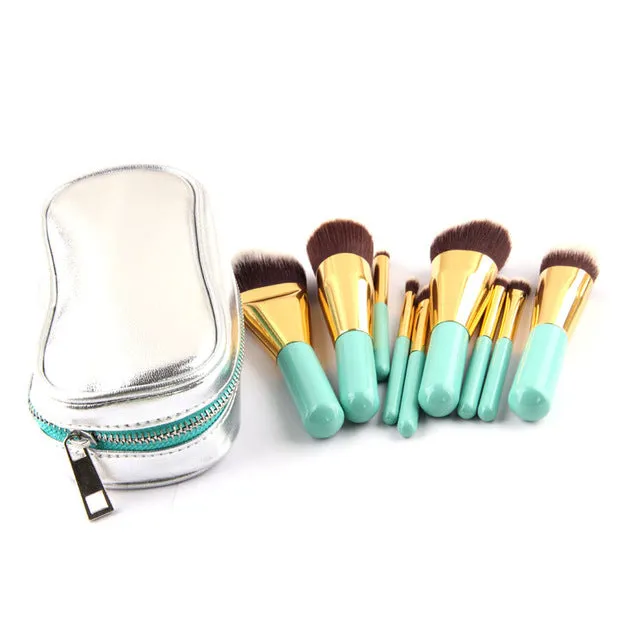 Anmor Hot Sale 9 Pieces Synthetic Hair Makeup Brushes with Sliver Color Bag Beautiful Traveling Makeup Brush Set B001