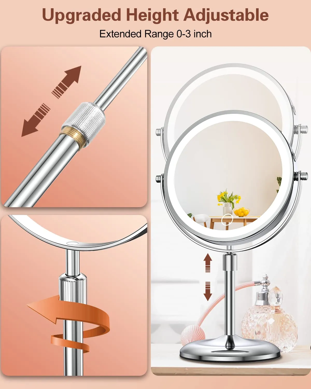Benbilry Lighted Makeup Mirror with 10X Magnification & 3 Color Lights, Adjustable Brightness & Height, 7 Inch 360° Swivel Rechargeable LED Magnifying Mirror Make Up Mirror with Lighting (Silver)