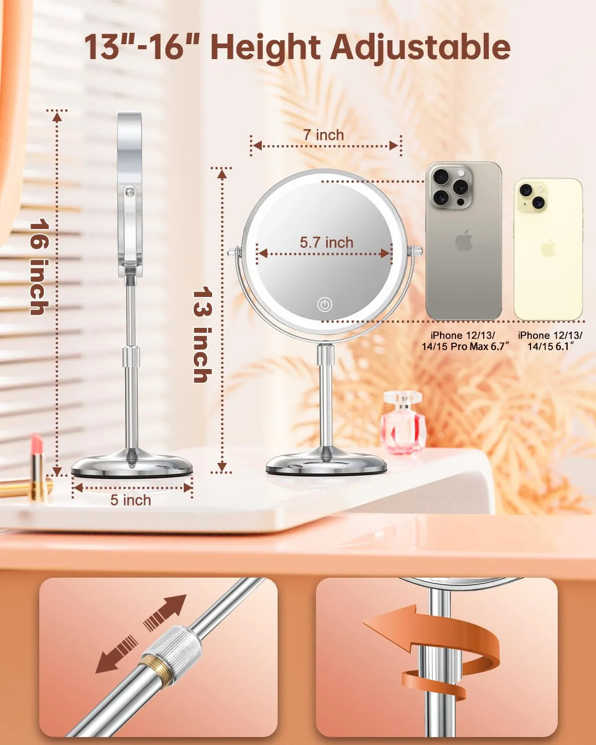 Benbilry Lighted Makeup Mirror with 10X Magnification & 3 Color Lights, Adjustable Brightness & Height, 7 Inch 360° Swivel Rechargeable LED Magnifying Mirror Make Up Mirror with Lighting (Silver)