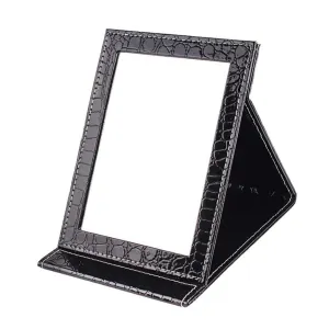 Black Portable PU Leather Vanity Mirror Folding Makeup Mirror with Desktop Standing for Travel, Personal Use, Outdoor and More (4.76.90.6 Inch)