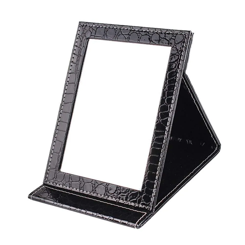 Black Portable PU Leather Vanity Mirror Folding Makeup Mirror with Desktop Standing for Travel, Personal Use, Outdoor and More (4.76.90.6 Inch)