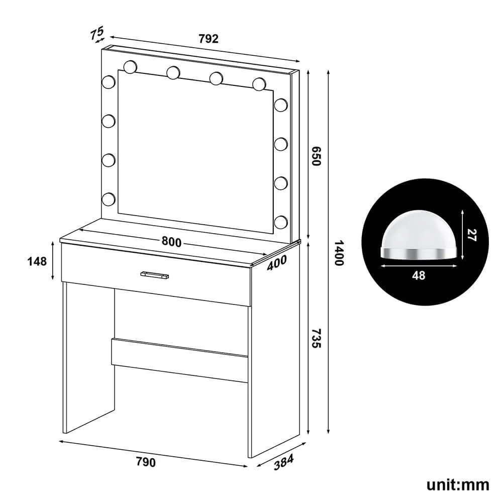 Dressing Table Vanity Set Stool Makeup 12 LED Bulbs Jewellery Organizer Cabinet