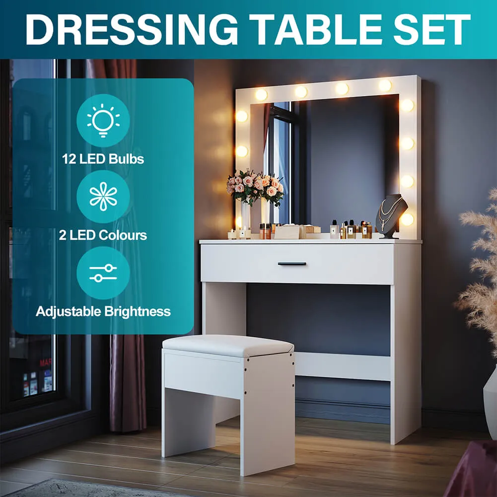 Dressing Table Vanity Set Stool Makeup 12 LED Bulbs Jewellery Organizer Cabinet