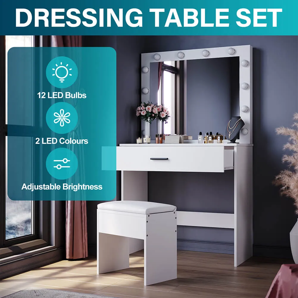 Dressing Table Vanity Set Stool Makeup 12 LED Bulbs Jewellery Organizer Cabinet