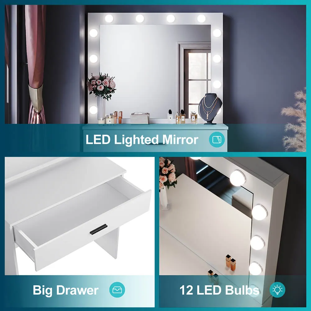 Dressing Table Vanity Set Stool Makeup 12 LED Bulbs Jewellery Organizer Cabinet