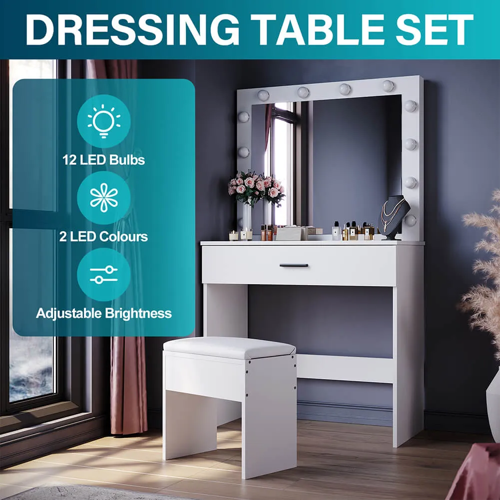 Dressing Table Vanity Set Stool Makeup 12 LED Bulbs Jewellery Organizer Cabinet