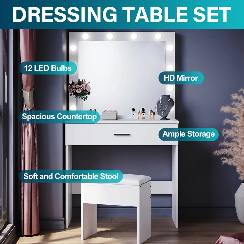 Dressing Table Vanity Set Stool Makeup 12 LED Bulbs Jewellery Organizer Cabinet