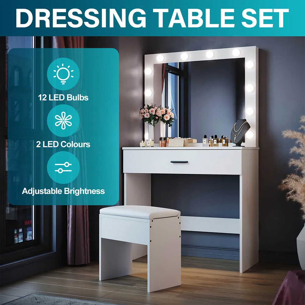 Dressing Table Vanity Set Stool Makeup 12 LED Bulbs Jewellery Organizer Cabinet