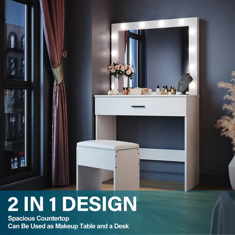 Dressing Table Vanity Set Stool Makeup 12 LED Bulbs Jewellery Organizer Cabinet