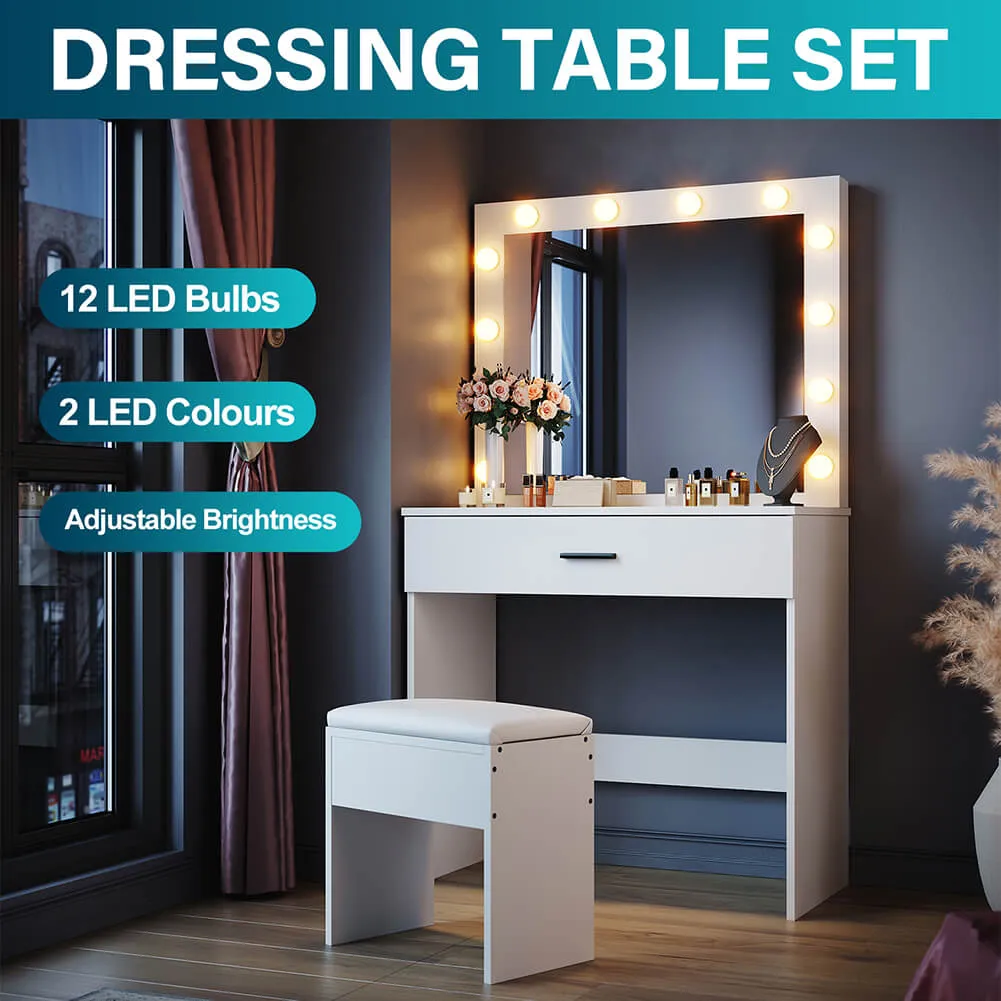 Dressing Table Vanity Set Stool Makeup 12 LED Bulbs Jewellery Organizer Cabinet