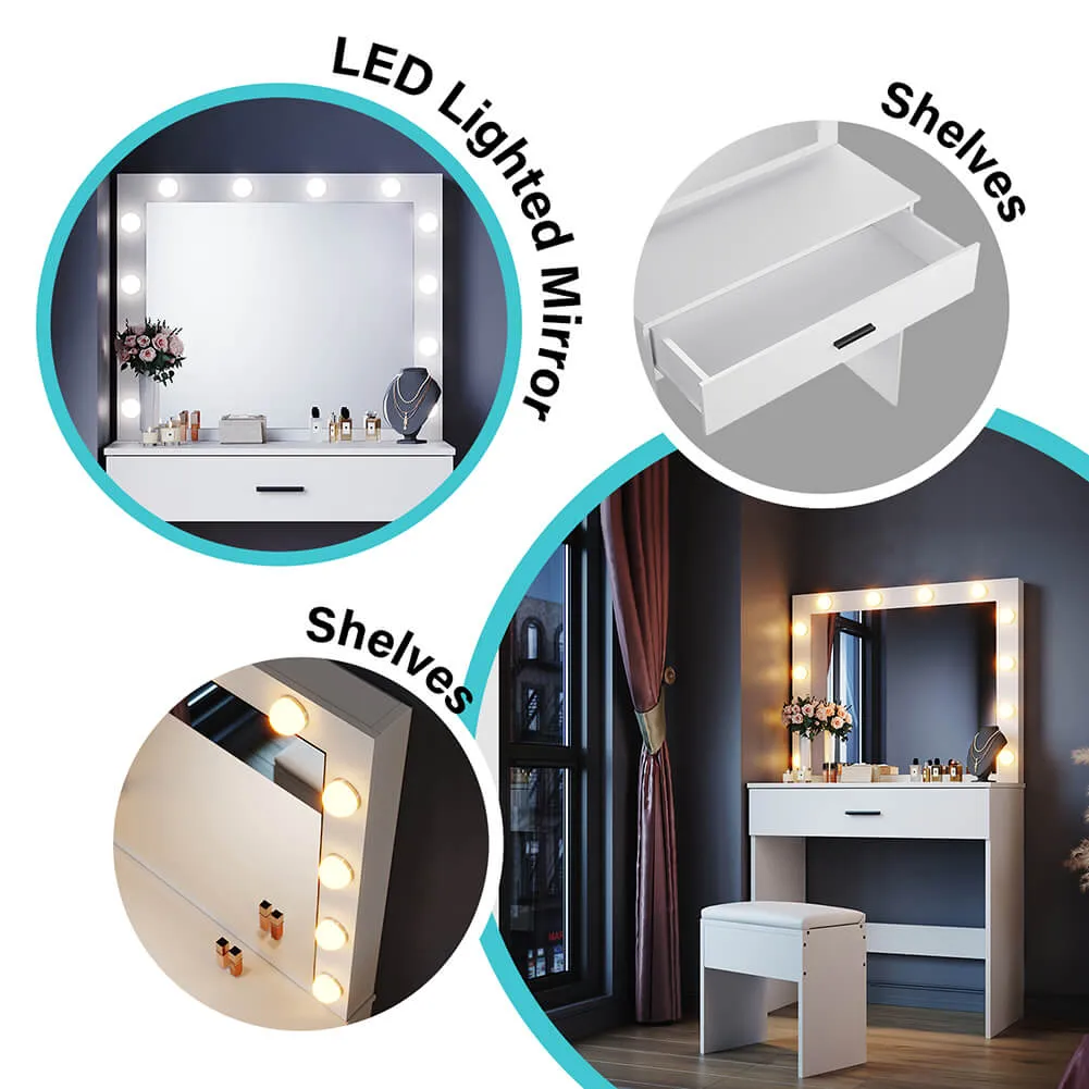 Dressing Table Vanity Set Stool Makeup 12 LED Bulbs Jewellery Organizer Cabinet