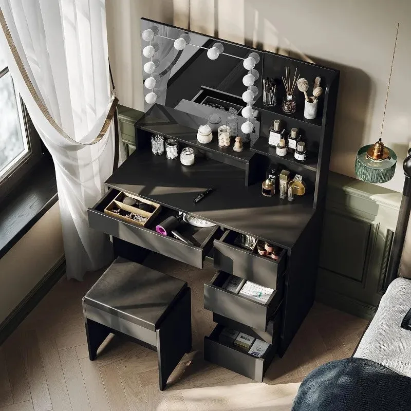 Makeup Vanity table with mirror, Lights and Chair, Vanity Desk with 5 Drawers and Adjustable Brightness