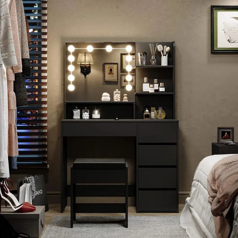 Makeup Vanity table with mirror, Lights and Chair, Vanity Desk with 5 Drawers and Adjustable Brightness