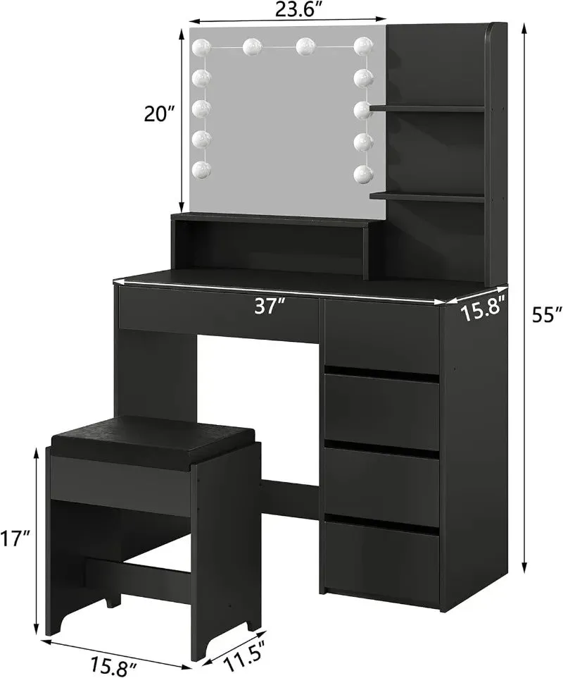 Makeup Vanity table with mirror, Lights and Chair, Vanity Desk with 5 Drawers and Adjustable Brightness