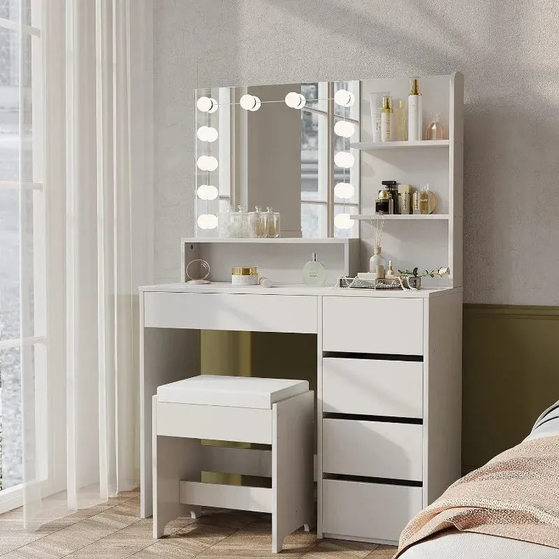 Makeup Vanity table with mirror, Lights and Chair, Vanity Desk with 5 Drawers and Adjustable Brightness