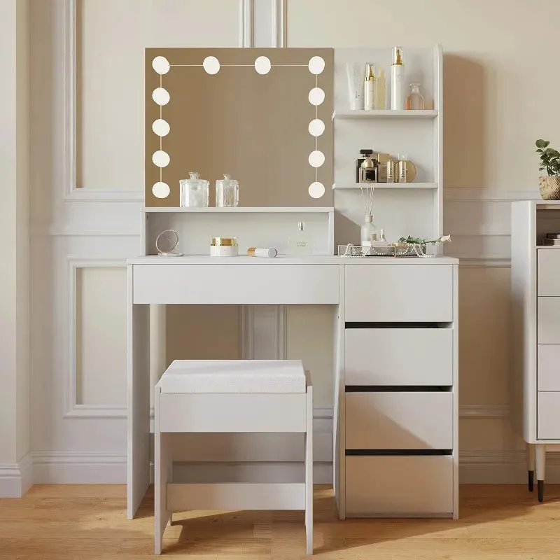 Makeup Vanity table with mirror, Lights and Chair, Vanity Desk with 5 Drawers and Adjustable Brightness
