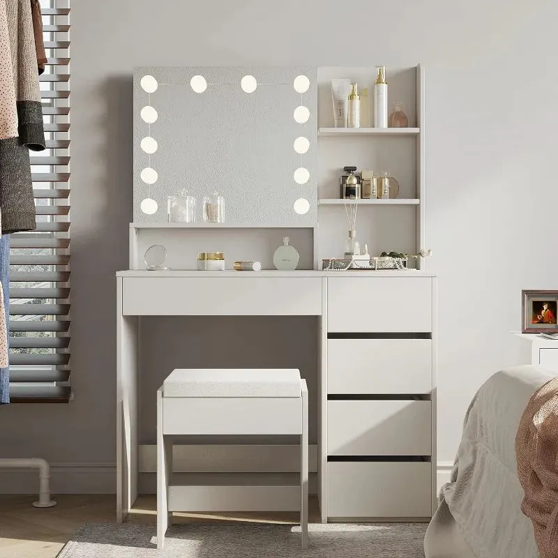 Makeup Vanity table with mirror, Lights and Chair, Vanity Desk with 5 Drawers and Adjustable Brightness
