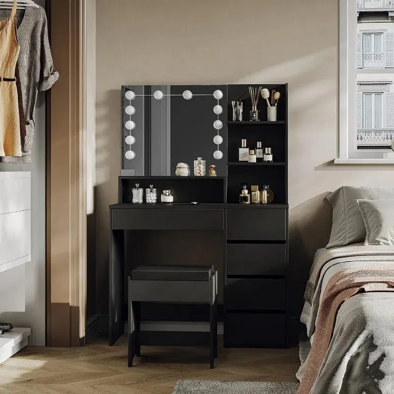 Makeup Vanity table with mirror, Lights and Chair, Vanity Desk with 5 Drawers and Adjustable Brightness
