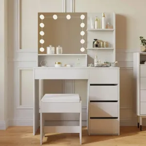 Makeup Vanity table with mirror, Lights and Chair, Vanity Desk with 5 Drawers and Adjustable Brightness