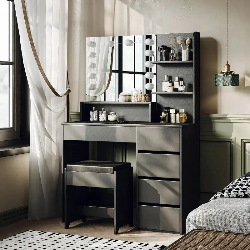 Makeup Vanity table with mirror, Lights and Chair, Vanity Desk with 5 Drawers and Adjustable Brightness