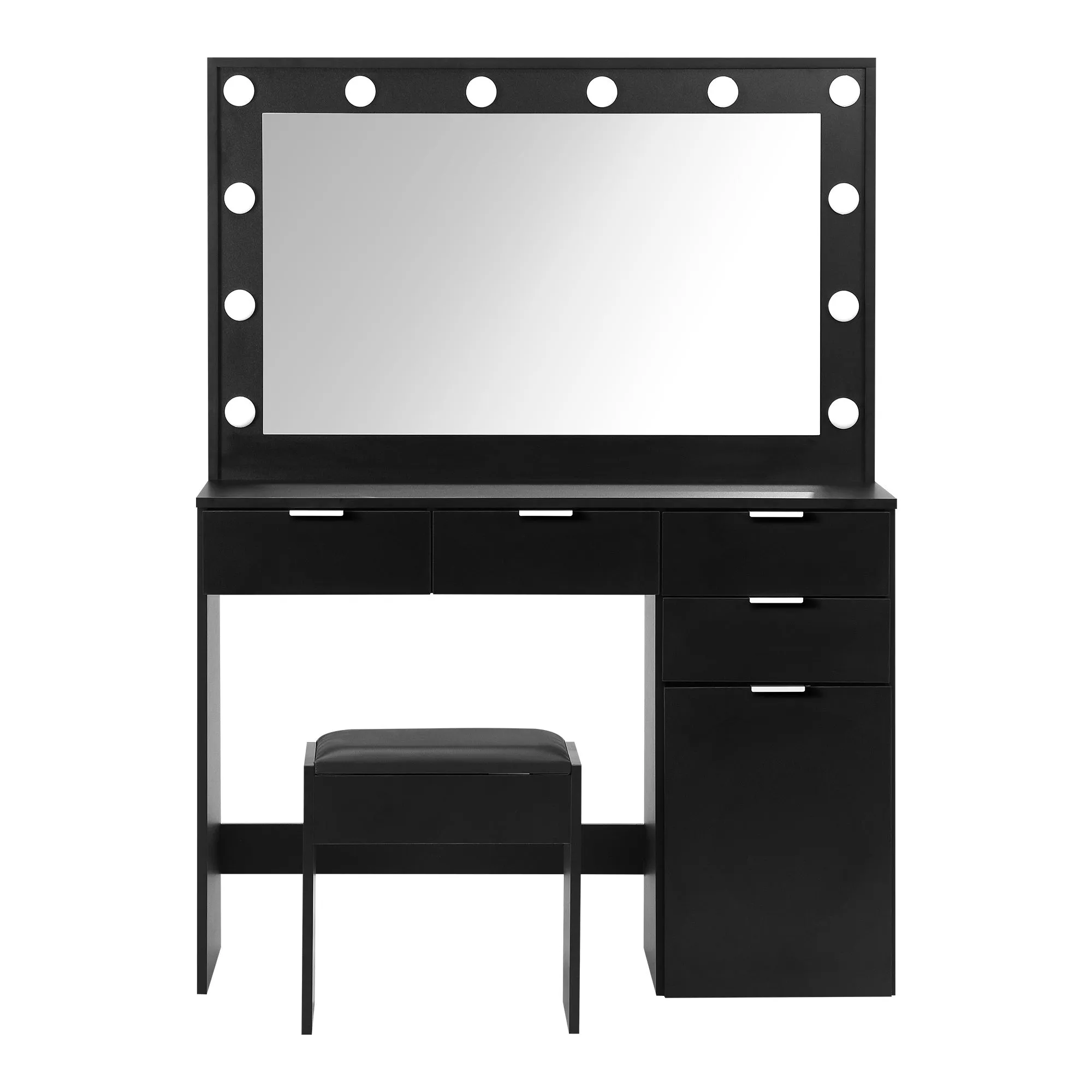 Oikiture Dressing Table Stool Set Makeup Large Mirror Dresser 12 LED Bulbs Black