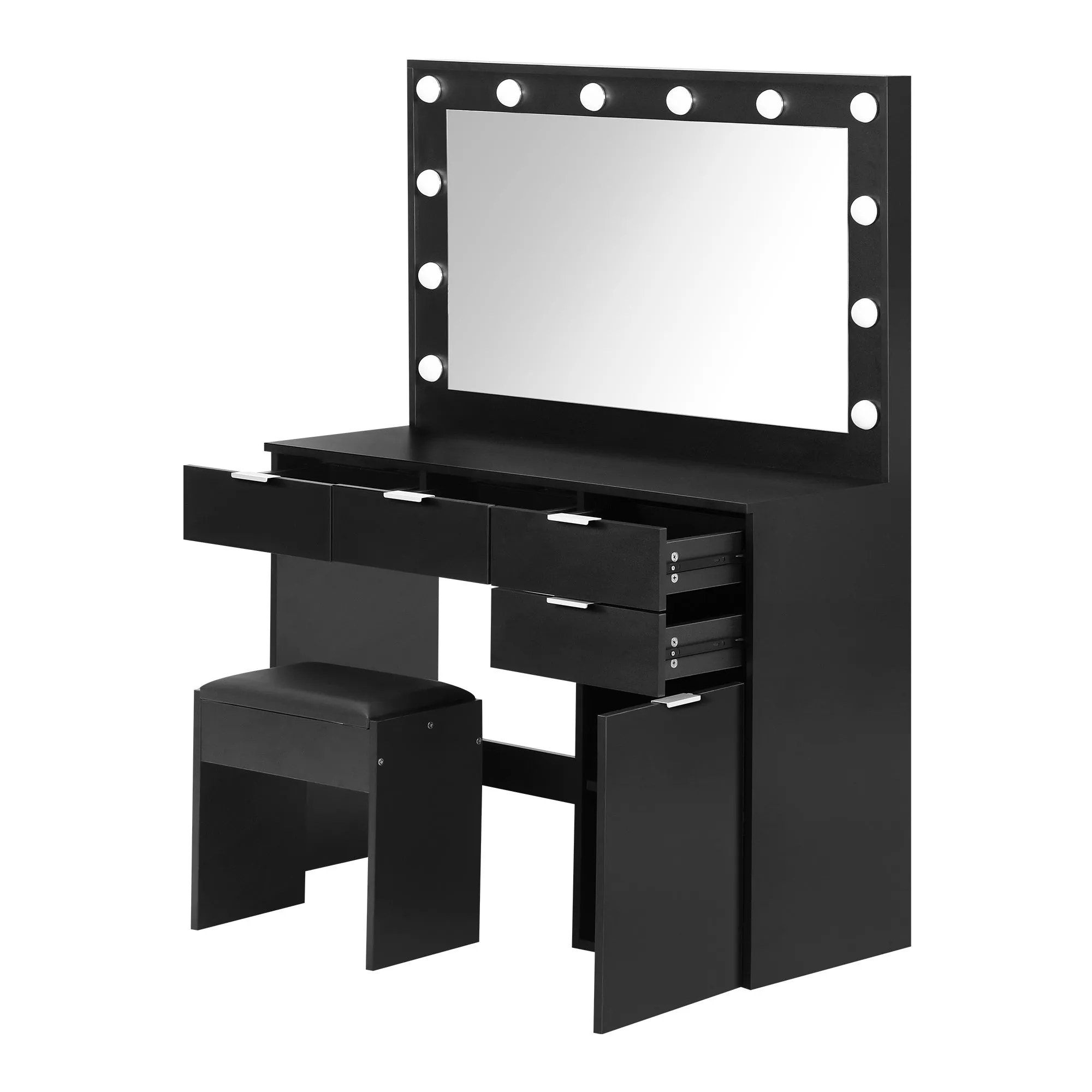Oikiture Dressing Table Stool Set Makeup Large Mirror Dresser 12 LED Bulbs Black