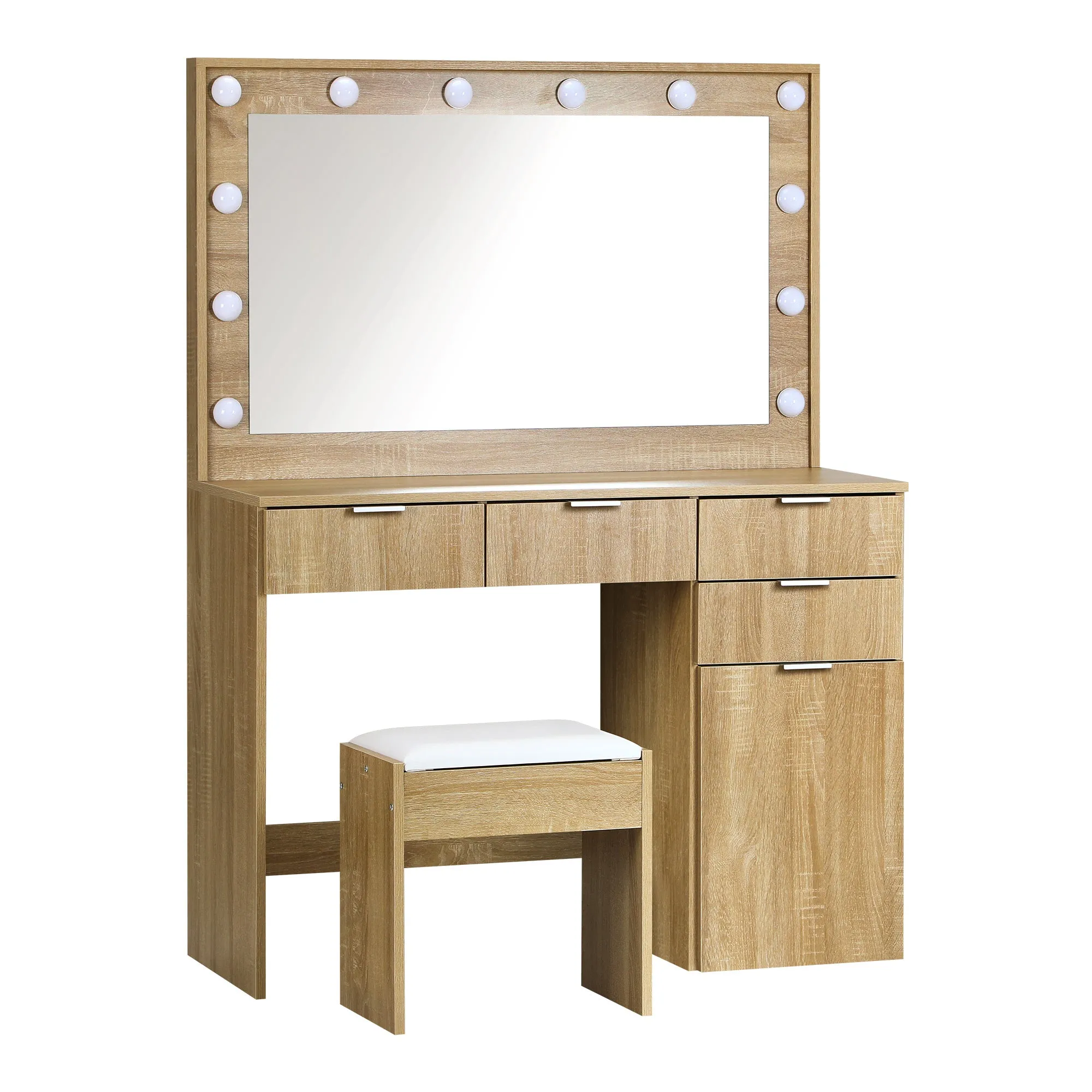 Oikiture Dressing Table Stool Set Makeup Large Mirror Dresser 12 LED Bulbs Oak