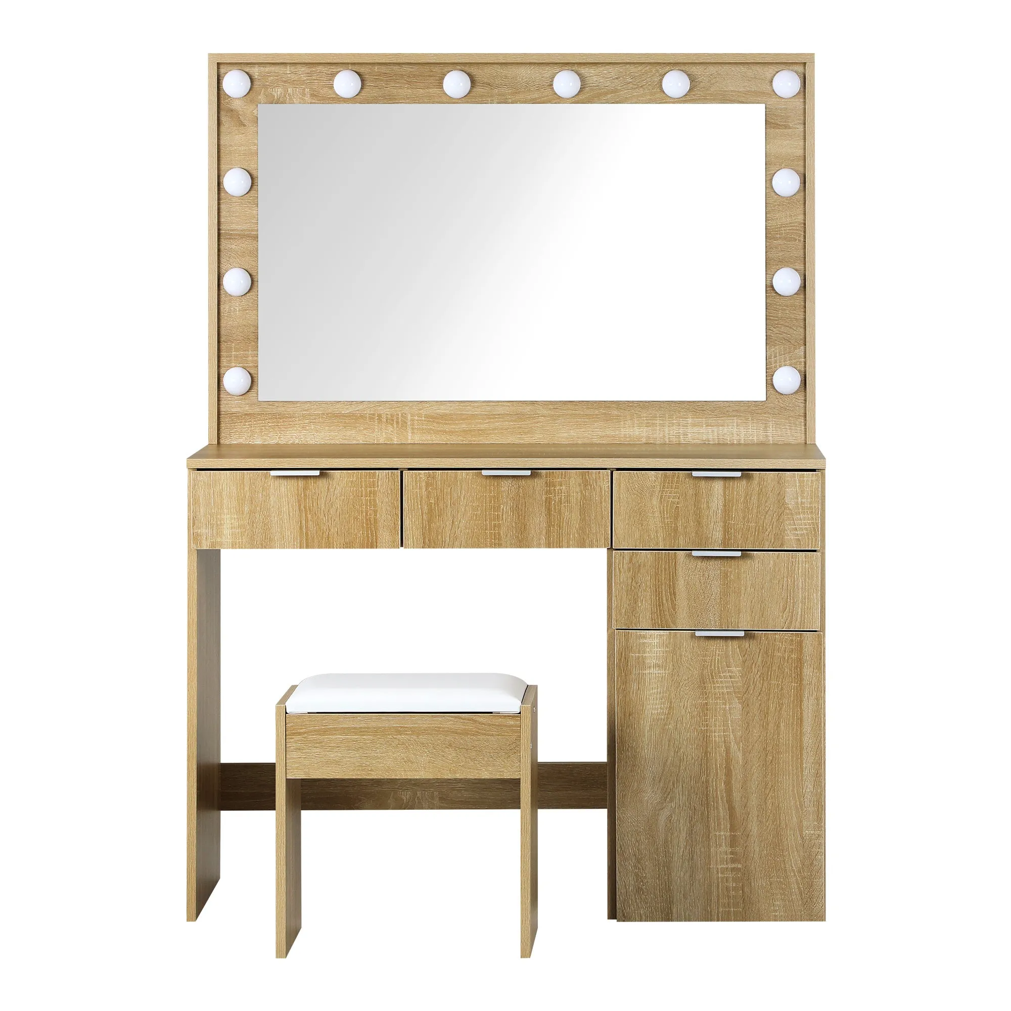 Oikiture Dressing Table Stool Set Makeup Large Mirror Dresser 12 LED Bulbs Oak