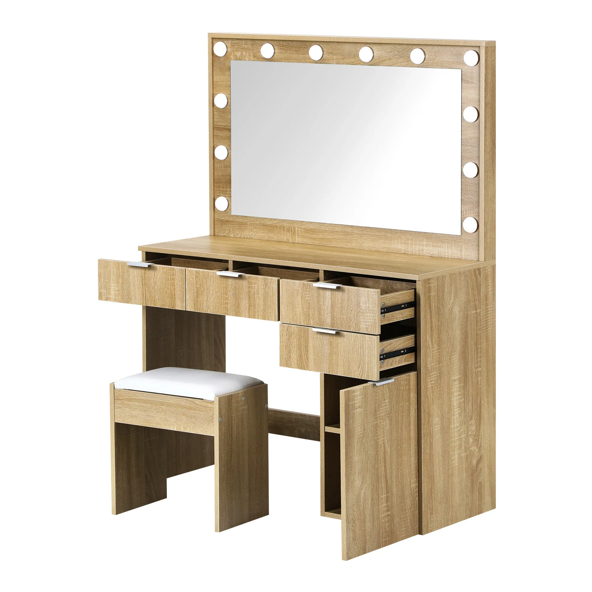 Oikiture Dressing Table Stool Set Makeup Large Mirror Dresser 12 LED Bulbs Oak