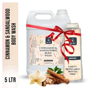 Rubz Cinnamon & Sandalwood Body Wash Refill Pack 5L | Liquid Soap | Shower Gel | with Refillable 500 ml Plastic Bottle | Best for Hotel, Spa, Salon, Joint Family | SLS Free | Paraben Free