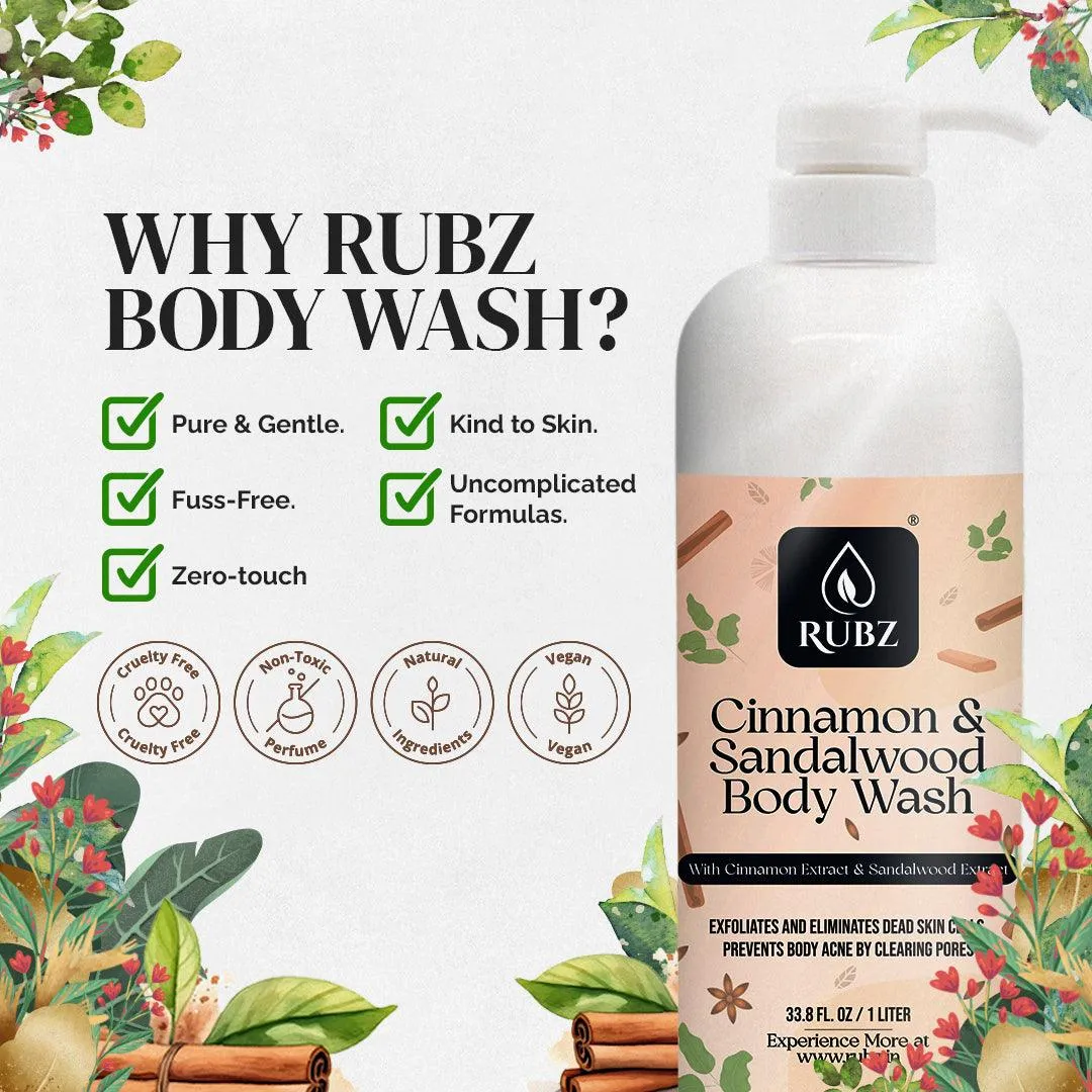 Rubz Cinnamon & Sandalwood Body Wash Refill Pack 5L | Liquid Soap | Shower Gel | with Refillable 500 ml Plastic Bottle | Best for Hotel, Spa, Salon, Joint Family | SLS Free | Paraben Free