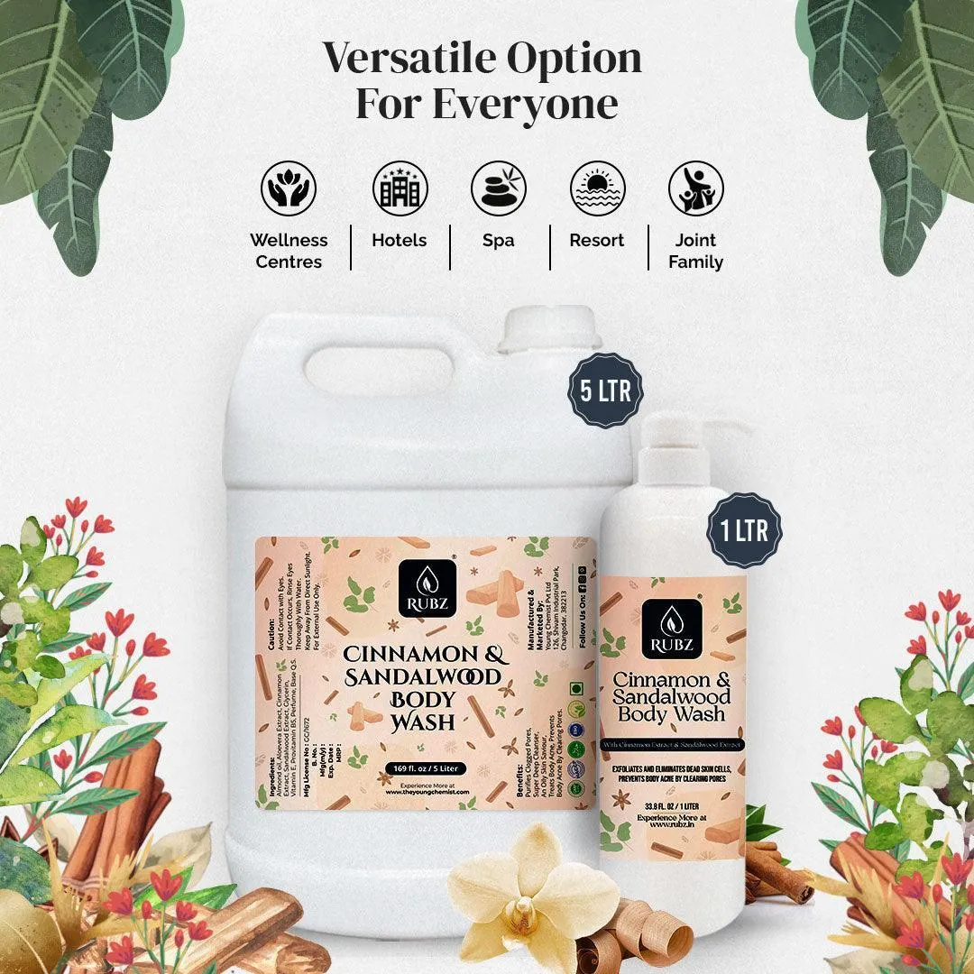 Rubz Cinnamon & Sandalwood Body Wash Refill Pack 5L | Liquid Soap | Shower Gel | with Refillable 500 ml Plastic Bottle | Best for Hotel, Spa, Salon, Joint Family | SLS Free | Paraben Free