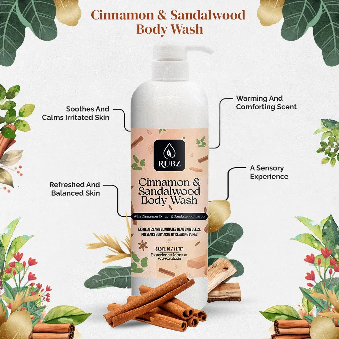 Rubz Cinnamon & Sandalwood Body Wash Refill Pack 5L | Liquid Soap | Shower Gel | with Refillable 500 ml Plastic Bottle | Best for Hotel, Spa, Salon, Joint Family | SLS Free | Paraben Free