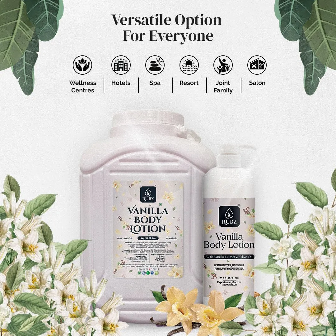 Rubz Vanilla Body Milk with goodness of Vanilla Extract 5 Kg | Bulk Body Lotion 5 Litre with Refillable 200g Plastic Jar | Best for Hotel, Spa, Salon