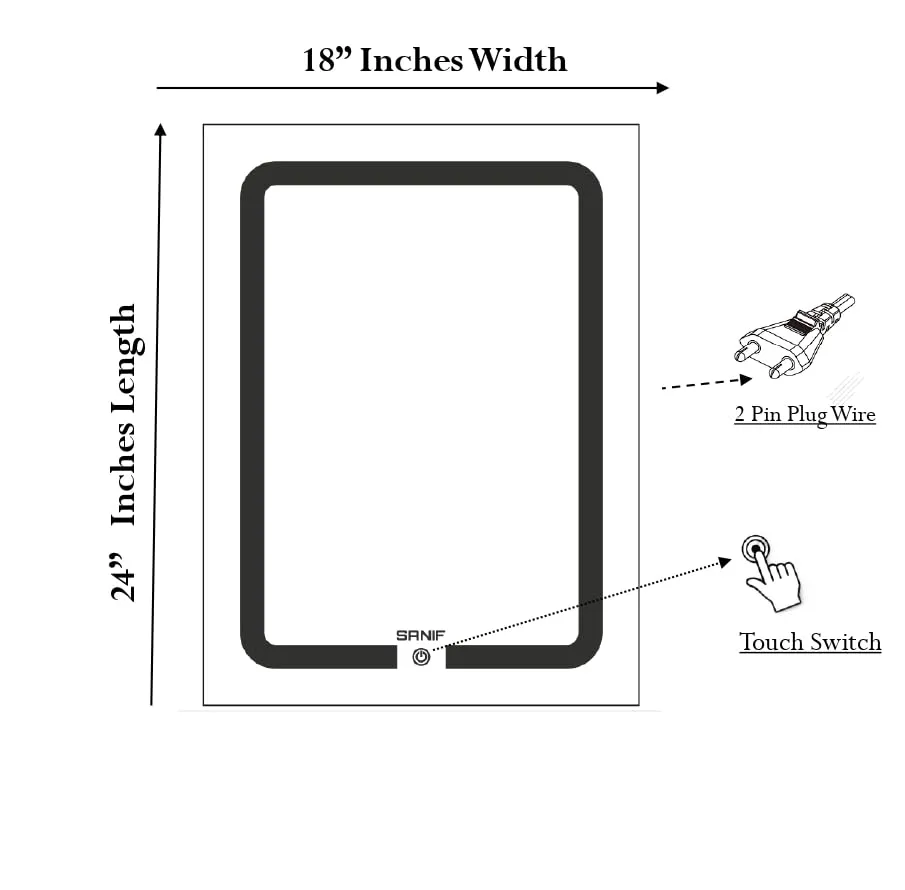 SANIF® Rectangular Led Mirror for Bathroom, Badroom, Dressing || Living Room and Wash Basin || 3 Colour Options with Adjustable || Size - 18X24 Inch, Frameless