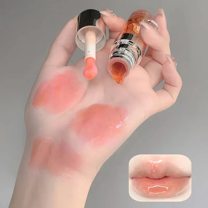 Toleet-Christmas/Thanksgiving Gift Winter Makeup Ideas Crystal Glass Jelly Lip Oil Mirror High Gloss Lip Gloss Plumper Moisturizing Lip Tint Cherry Red Colored Lipstick Korean Makeup