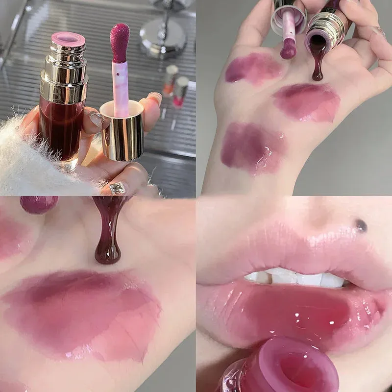 Toleet-Christmas/Thanksgiving Gift Winter Makeup Ideas Crystal Glass Jelly Lip Oil Mirror High Gloss Lip Gloss Plumper Moisturizing Lip Tint Cherry Red Colored Lipstick Korean Makeup