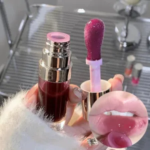 Toleet-Christmas/Thanksgiving Gift Winter Makeup Ideas Crystal Glass Jelly Lip Oil Mirror High Gloss Lip Gloss Plumper Moisturizing Lip Tint Cherry Red Colored Lipstick Korean Makeup