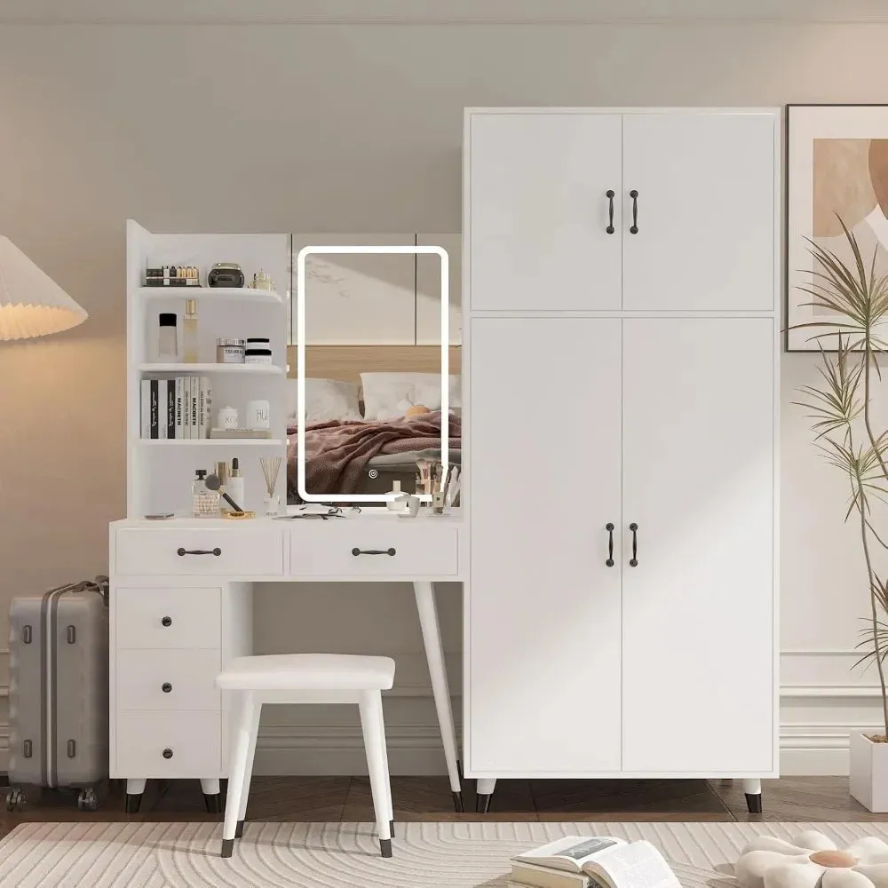 Vanity Desk with LED Mirror, Charging Station, and Wardrobe for Storage