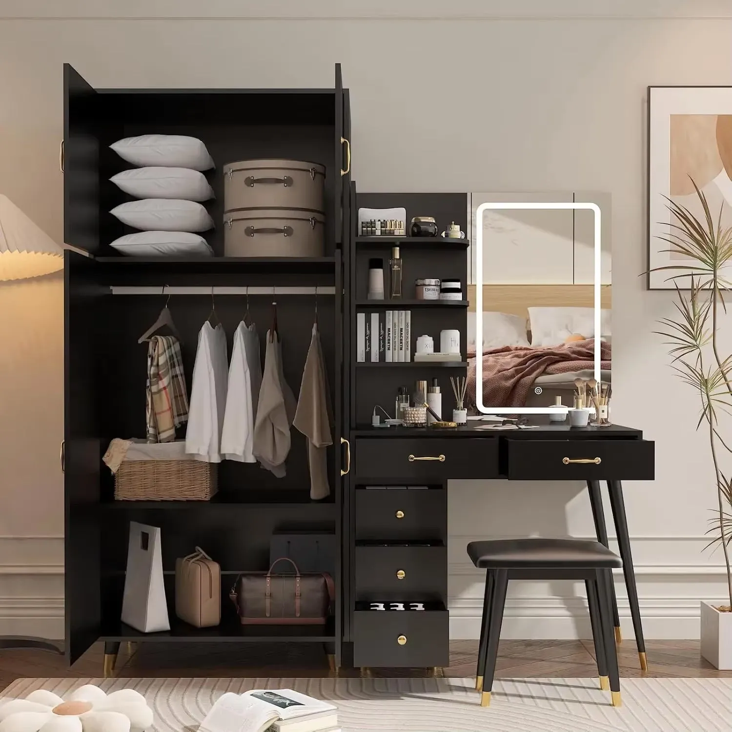 Vanity Desk with LED Mirror, Charging Station, and Wardrobe for Storage