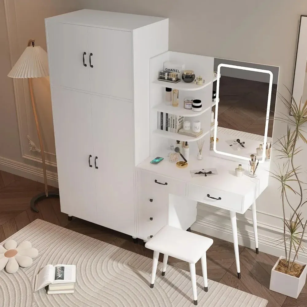 Vanity Desk with LED Mirror, Charging Station, and Wardrobe for Storage