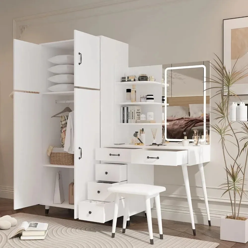 Vanity Desk with LED Mirror, Charging Station, and Wardrobe for Storage