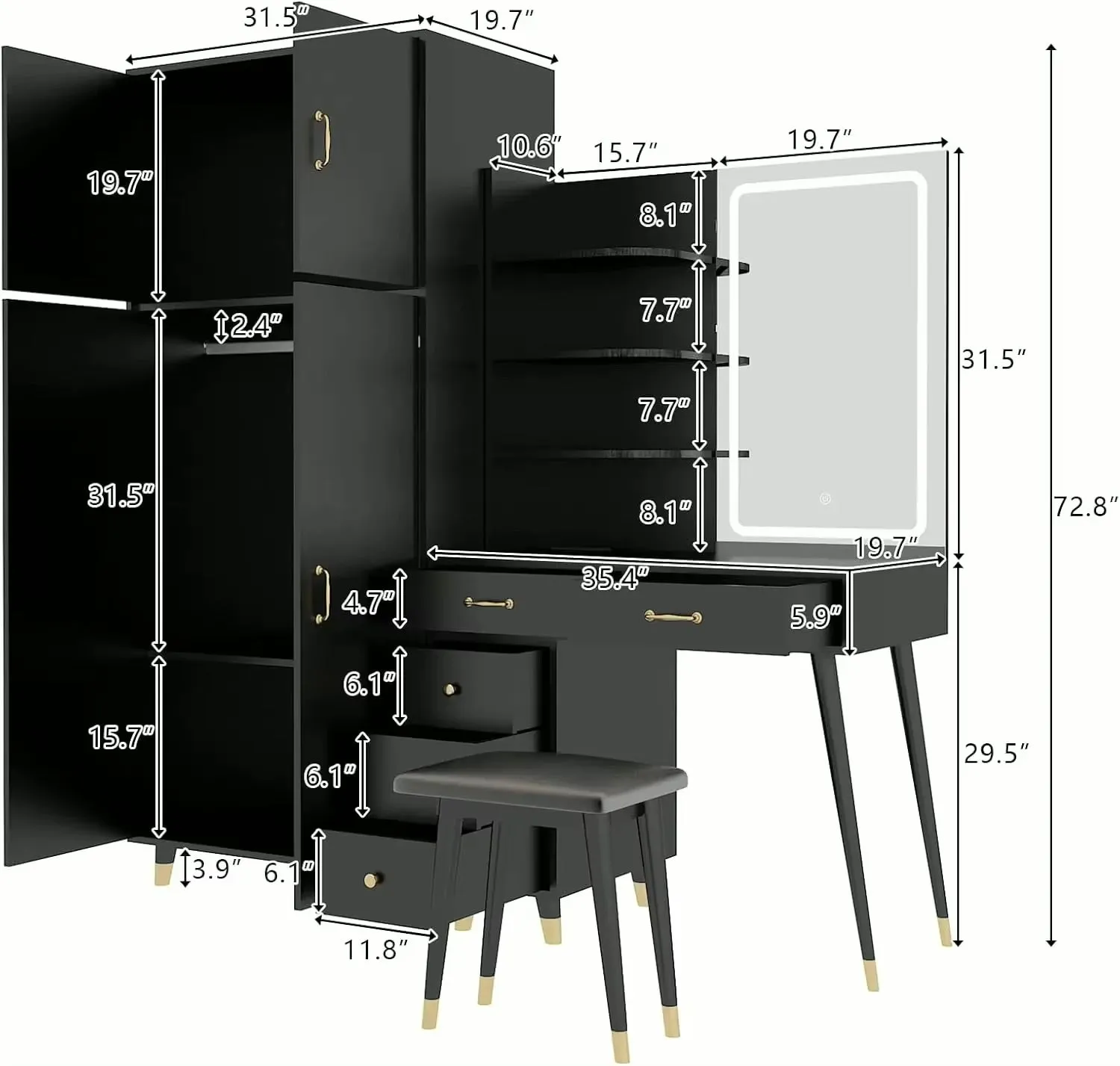 Vanity Desk with LED Mirror, Charging Station, and Wardrobe for Storage