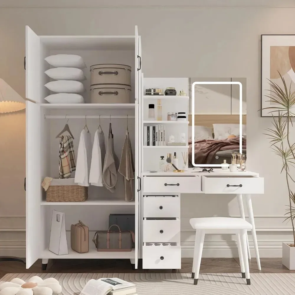 Vanity Desk with LED Mirror, Charging Station, and Wardrobe for Storage